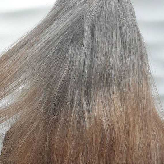 The back of a woman's head with gray roots and blonde tips.