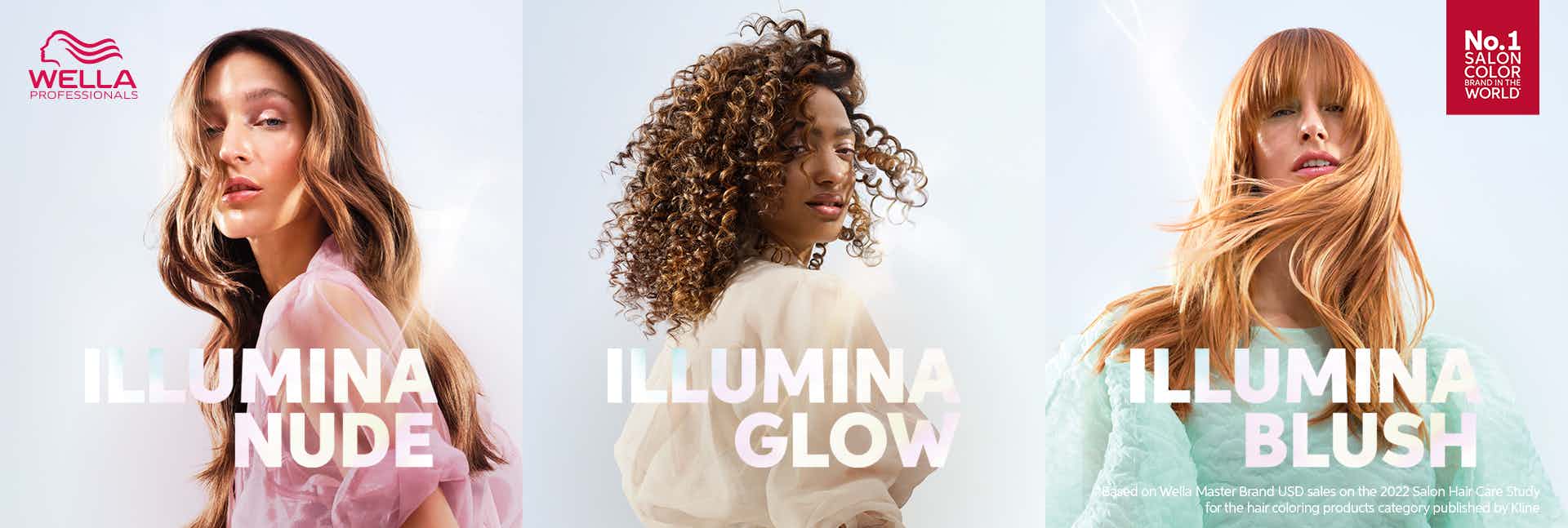 Three glamorous models showcasing their breathtaking looks with the incredible results of Illumina's natural hair color.